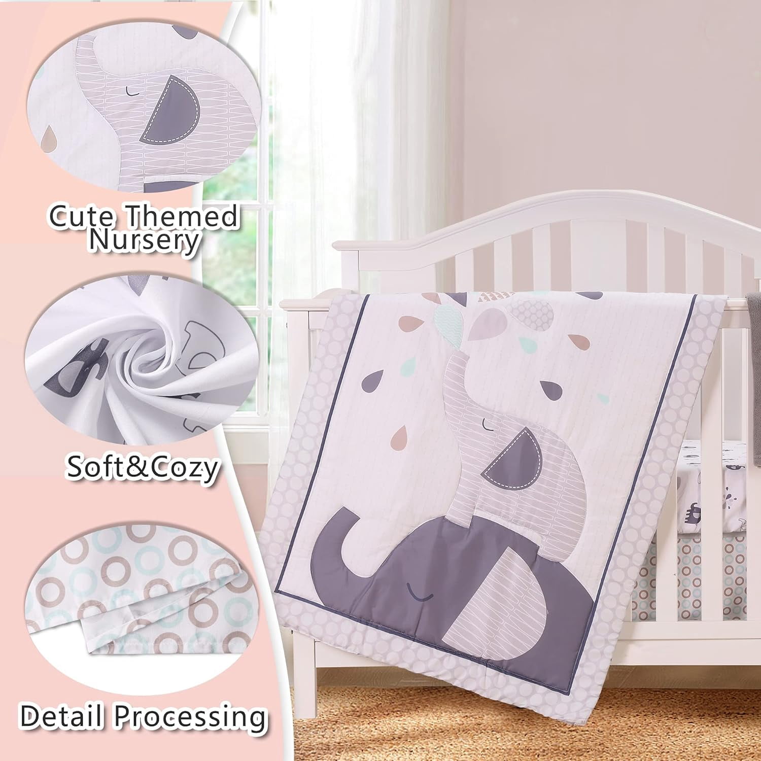 Sweet Baba Gray Elephant Crib Bedding Sets for Boys 4 Pcs, Baby Girls Set Included Comforter, Fitted Sheet, Crib Skirt & Blanket for Nursery Standard Size Neutral