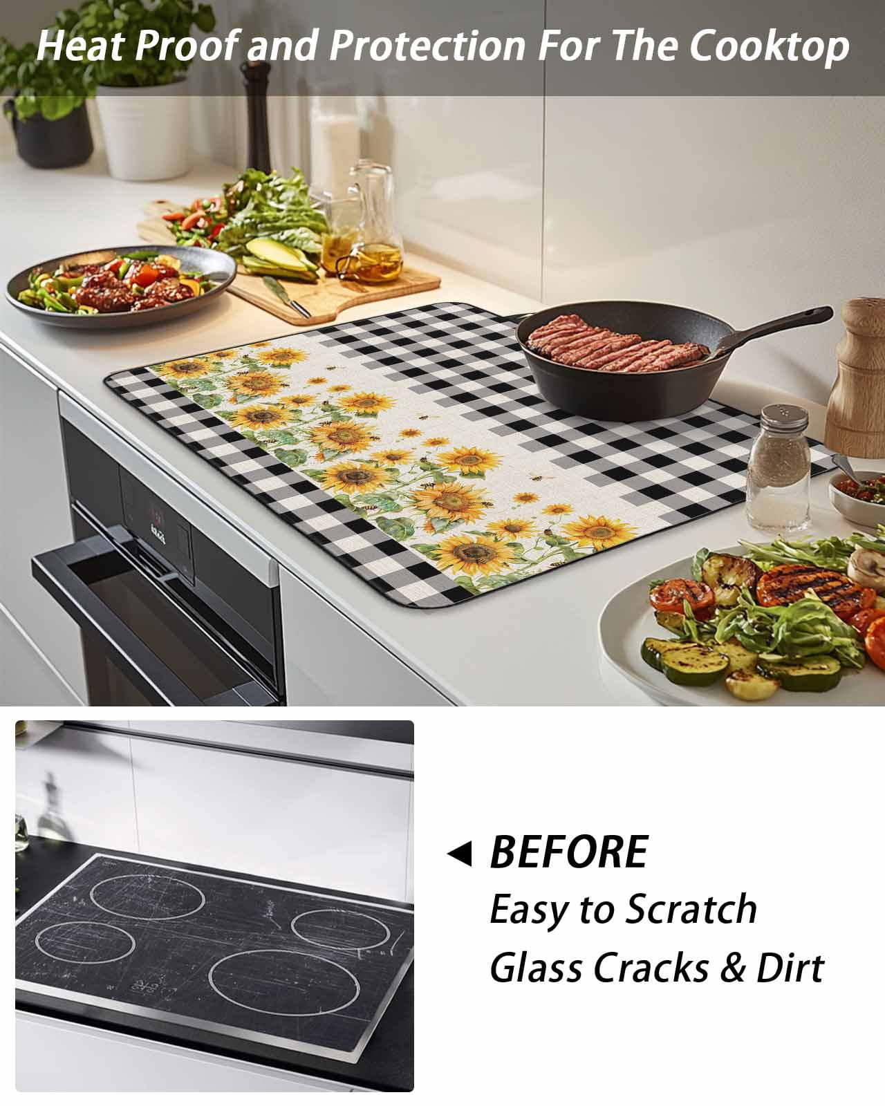 Stove Top Covers for Electric Stove, Sunflower Glass Stovetop Cover Protector, Retro Buffalo Plaid Black White Country Bee Induction Cooktop Protector Oven Mat for Kitchen Countertop 24"x21"