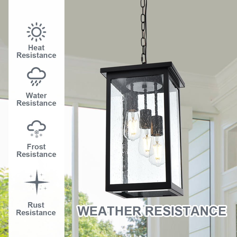 Melucee Outdoor Pendant Light Fixtures, 3-Lights Exterior Hanging Lantern, Black Large Outdoor Hanging Porch Light with Seeded Glass Shade