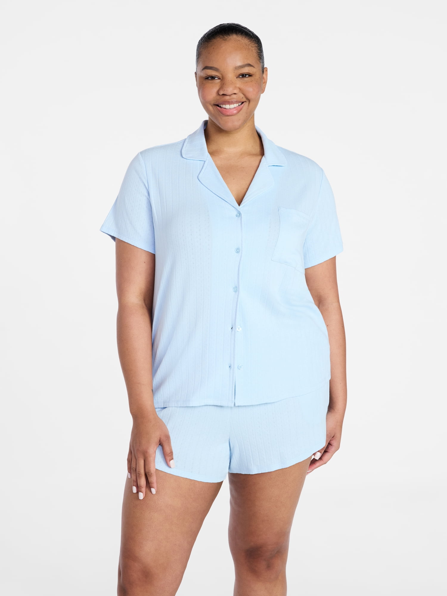 Joyspun Women’s Pointelle Knit Notch Top and Shorts Pajama Set, 2-Piece, Sizes XS-3X