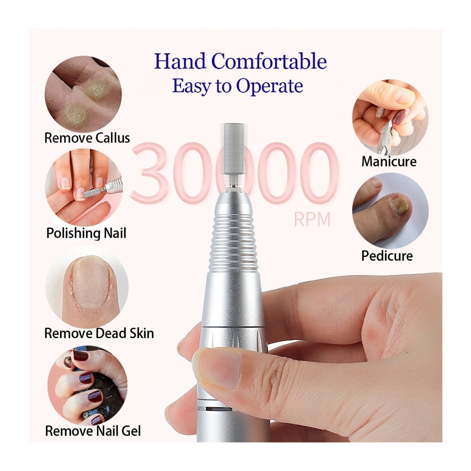 30000RPM Rechargeable Nail Drill Manicure Machine,Professional Nail Gel Polishing Remover Cordless Drill Set Nail Art Low Voice ,Lightweight and Portable