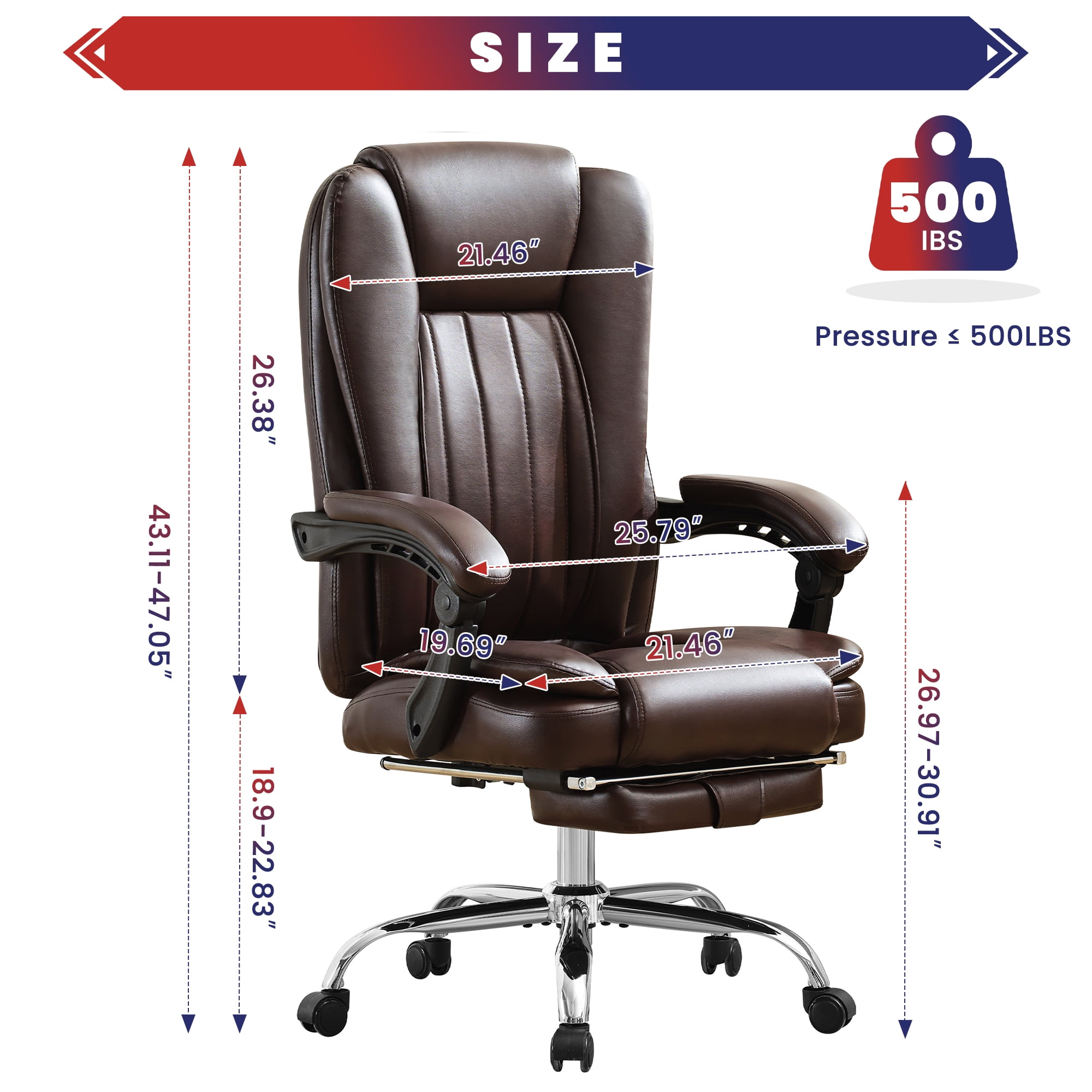 JONPONY Big and Tall Office Chair 500LBS Executive Office Chair Massage and Footrest Ergonomic Computer Desk Chair Reclining High Back Leather Office Chair Lumbar Back Support Swivel Rolling,Brown