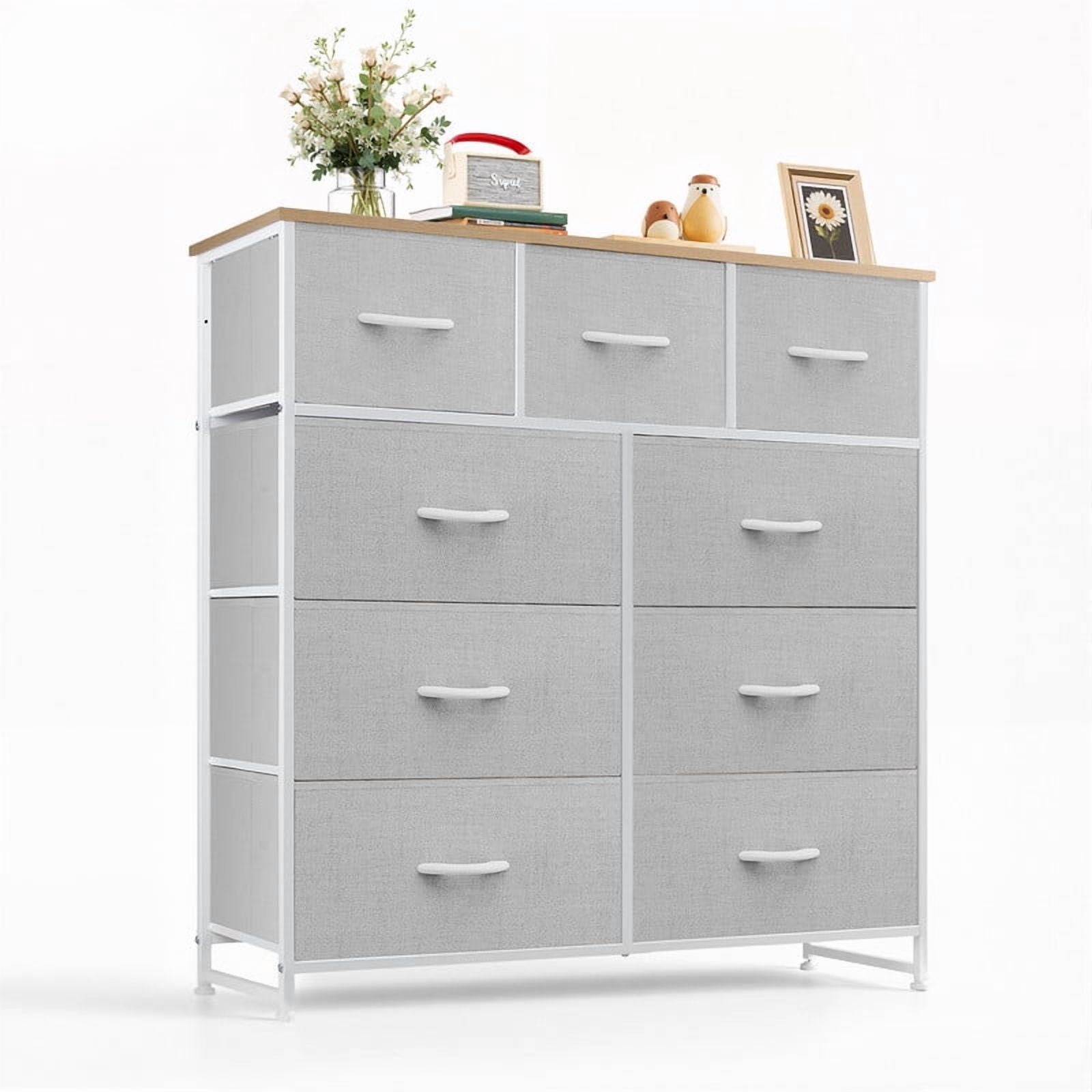 Bigleap 9 Drawers Dresser for Bedroom, Fabric Dresser with Sturdy Steel Frame, Wooden Top & Easy Pull Fabric Bins,Light Gray