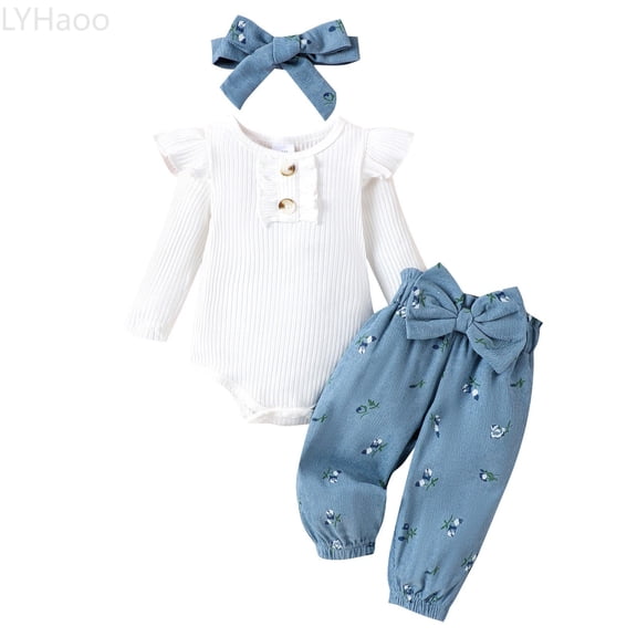 LYHaoo Autumn Winter Baby Girls Long Sleeve Romper And Pants Outfit Soft Warm Two Piece For Infant Toddler Girls Outfit Sets Sizes 9-12 Months(Blue)