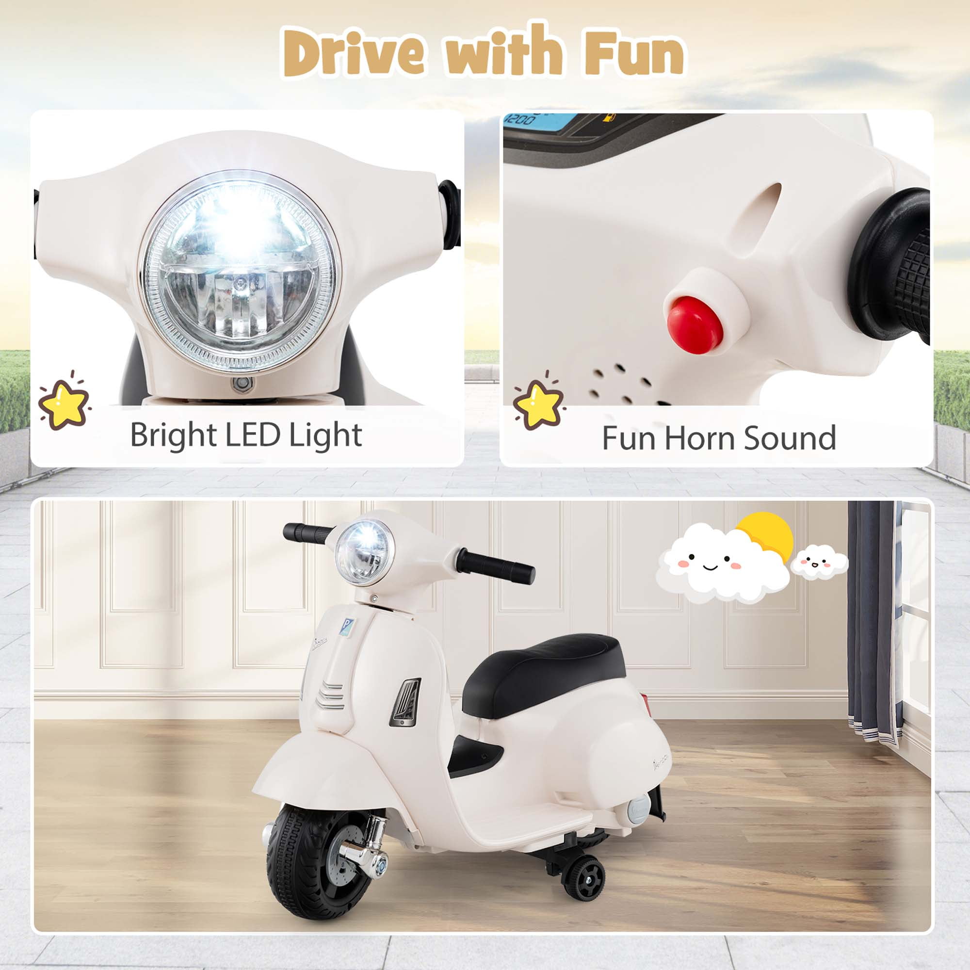 Costway Kids Ride on Motorcycle with Training Wheels Headlight Horn 6V Battery White