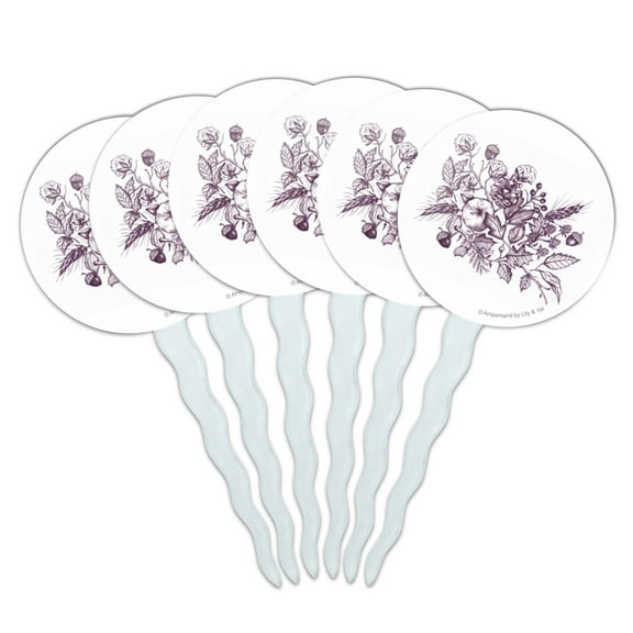 Fall Acorns Foliage Sketch Cupcake Picks Toppers Decoration Set of 6