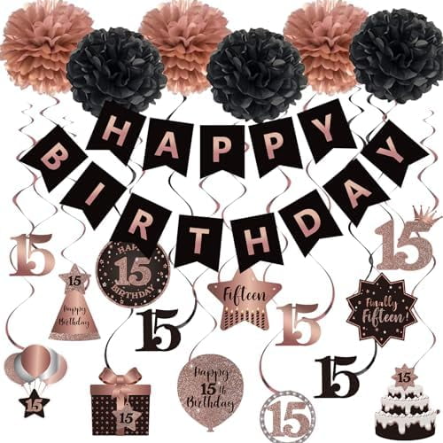Happy 15th Birthday Hanging Swirls Streamers Decoration, Banner with Tissue Pompoms, Rose Gold & Black 15 Years Old Birthday Party Hanging Backdrop Decorations$$Home Decor, Kitchen, & Other