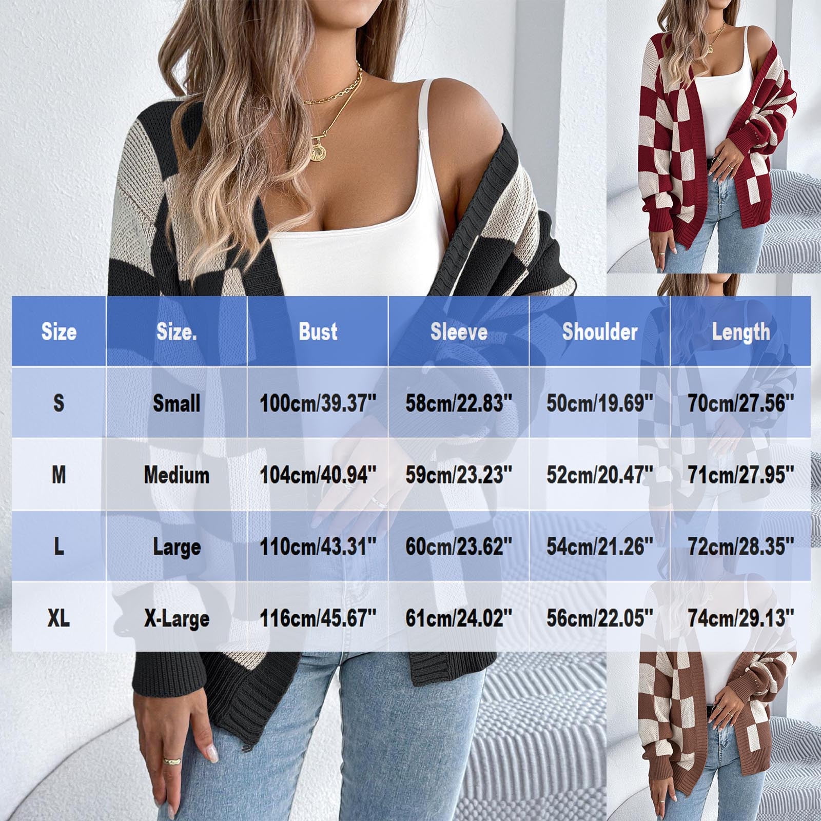 Women's Oversized Cardigan Sweater Checkered Open Front Shurg Jacket Fall Outerwear Black M - image 3