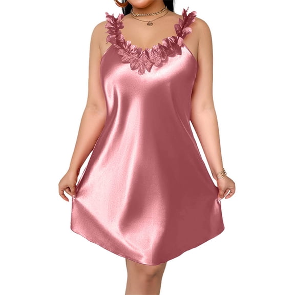 AHMOMEI Women Plus Size Satin Sleeveless Slip Dress With Floral Strap A Line Nightgown Loungewear Pink XXL