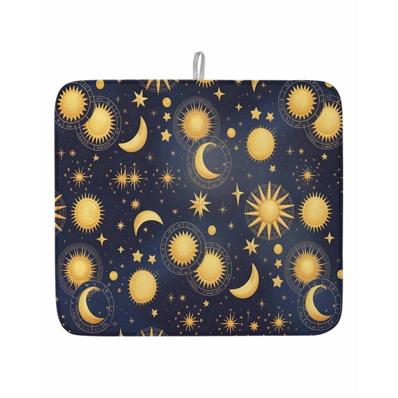 Fantasy Galaxy Moon Sun Dish Drying Mats for Kitchen Counter,Absorbent Microfiber Dish Drainer Rack Mat Cartoon Starry Night Drying Pad for Sinks,Utensils,Countertops,16x18in