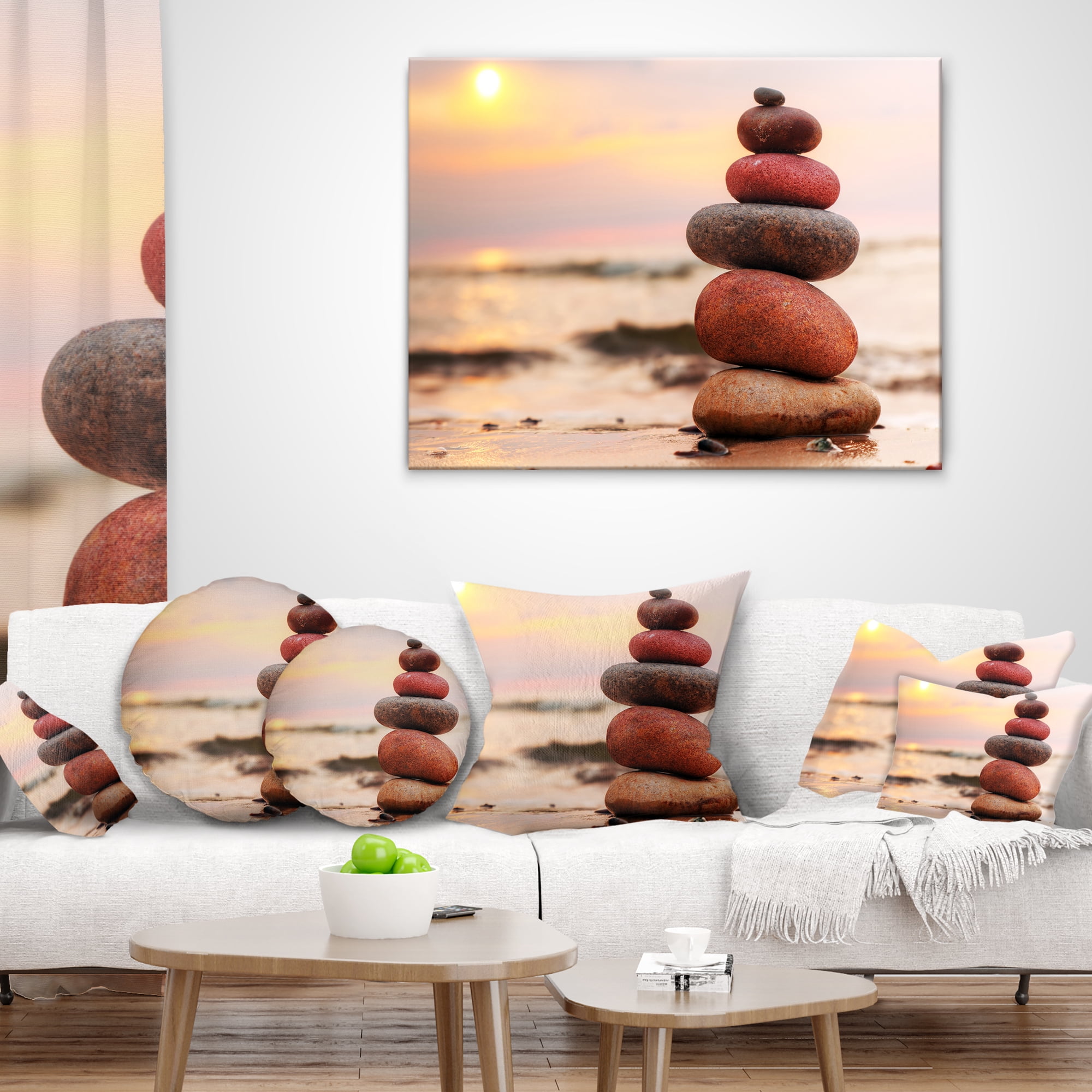 Designart Stones Pyramid on Sand Symbolizing Zen - Landscape Printed Throw Pillow - 12x20