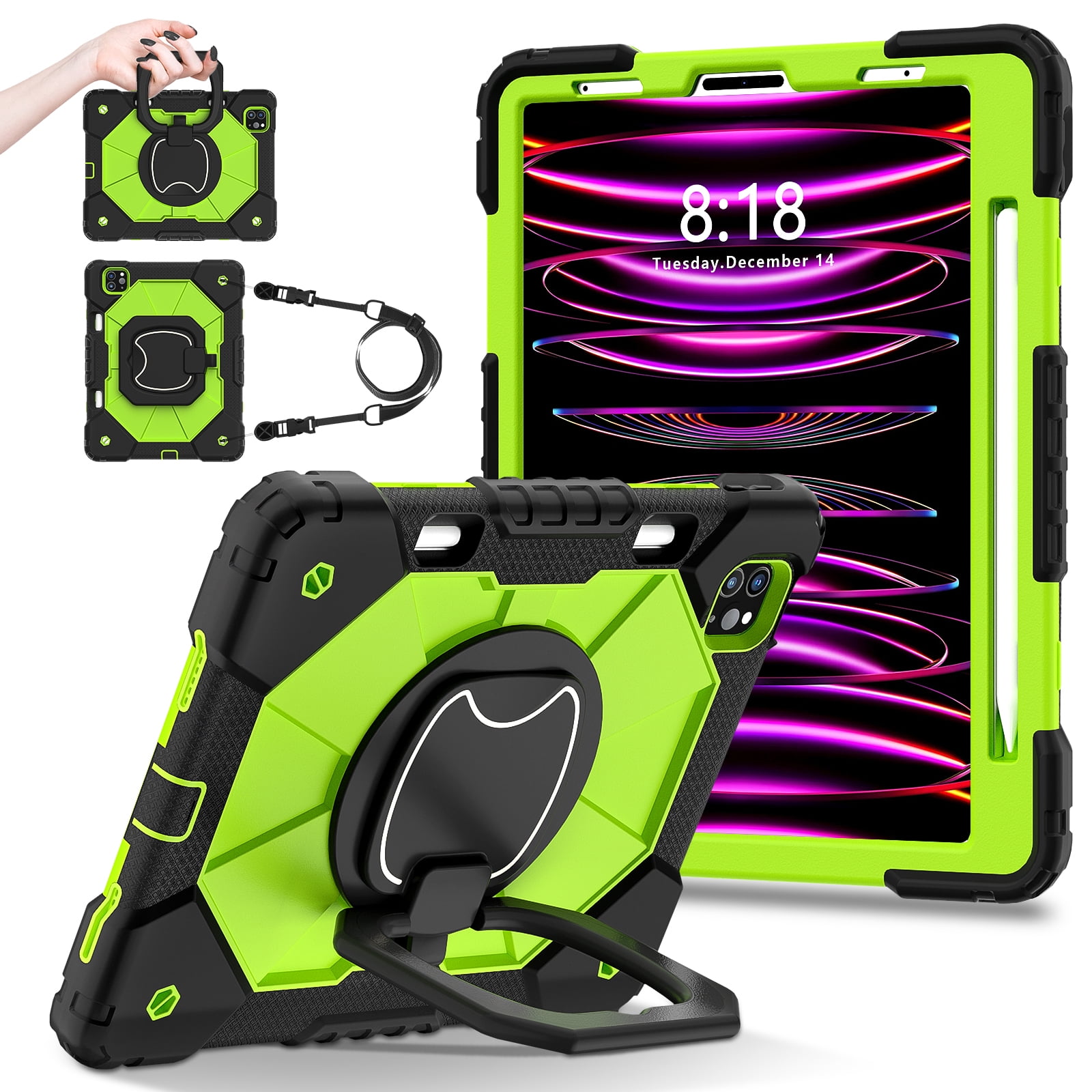 Dteck with Pencil Holder Case for iPad Pro 11-inch 4th 3rd 2nd 1st Gen,iPad Air 5th/4th Generation Heavy Duty Silicone Case 360 Degree Rotating Handle Stand Cover with Shoulder Strap,Black+Green