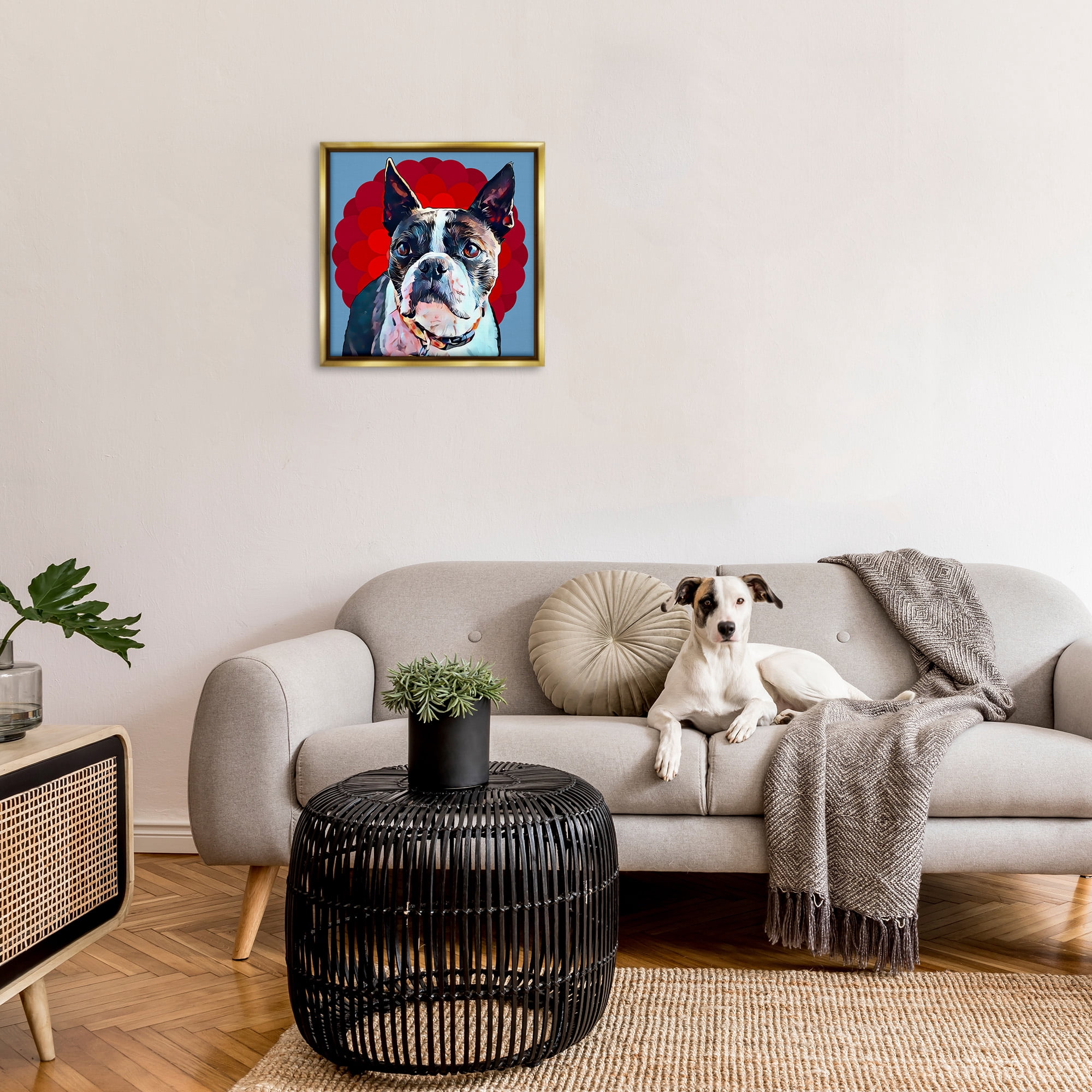 Stupell Industries Boston Terrier Dog over Geometric Animals & Insects Painting Gold Floater Framed Canvas Art Print Wall Art, 25 x 25