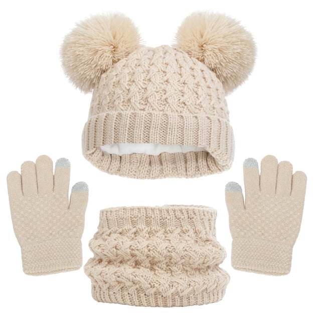 FAIWAD Kids Winter 3Pcs Beanie Hat Gloves Scarf Set Toddler Boys Girls Pompom Fleece Knit Cap Outfits Gift for Boys Girls