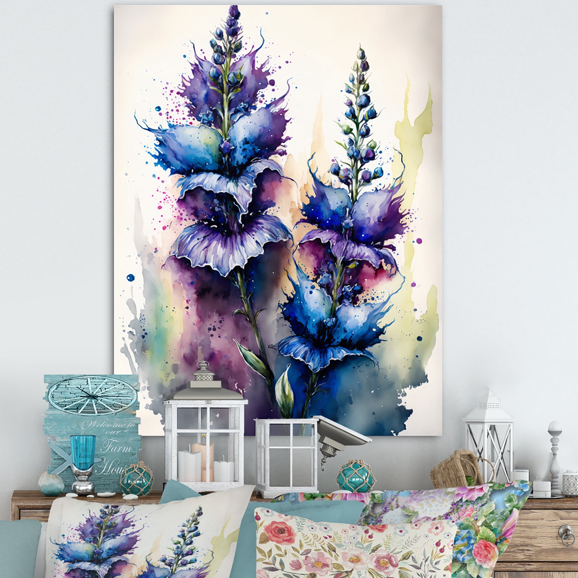 Designart Blue And Purple Delphinium Canvas Wall Art