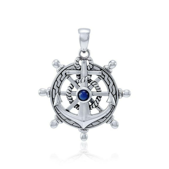 Anchor Wheel 925 Sterling Silver Pendant Created Sapphire Fine Nautical Jewelry