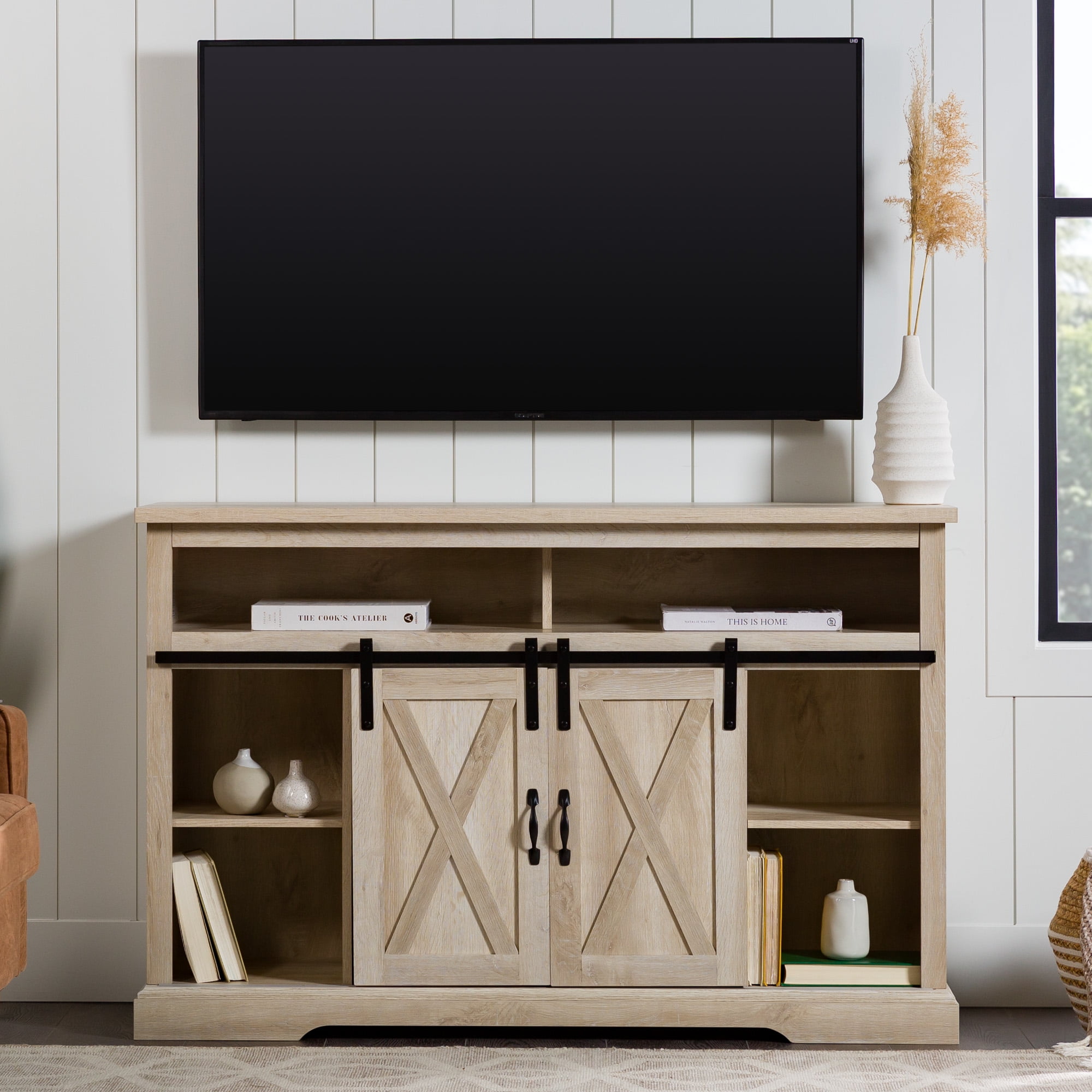 Woven Paths Farmhouse Barn Door TV Stand for TVs up to 60", White Oak