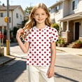 thumbnail image 6 of Girls Short Sleeve Crew Neck T-Shirt for Ages 4-15, Polka Dot Print Cute Puff Bubble Sleeve Blouse Soft Breathable Casual Summer Basic Tee for Little & Big Kids Red, 6 of 8