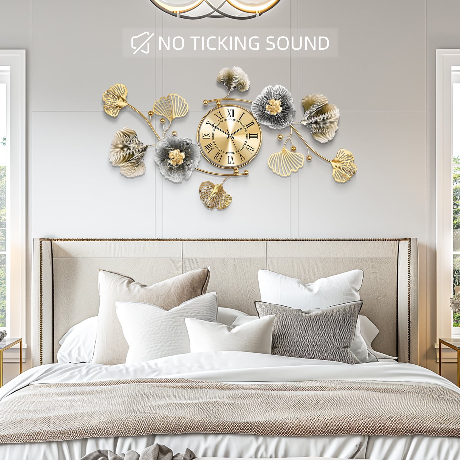 36"Large Wall Clock – 3D Metal Ginkgo Leaf Decorative Wall Clock, Non-Ticking Wall Clocks Battery Operated, Modern Clocks for Living Room, Gift-Ready for Home or Office