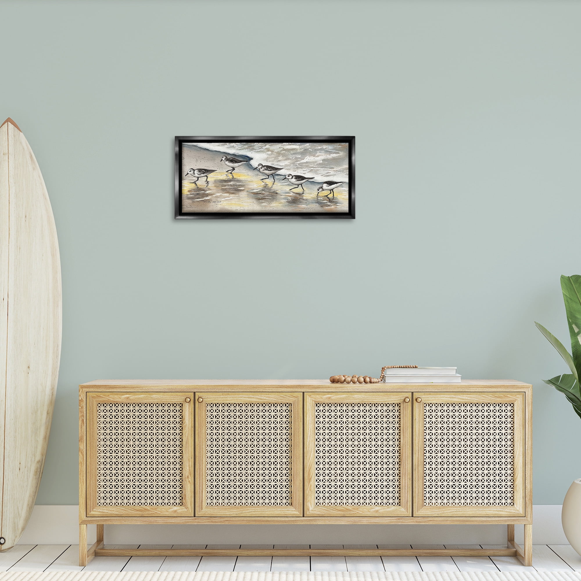 Stupell Industries Sunlit Birds & Beach Foam Animals & Insects Painting Black Floater Framed Canvas Art Print Wall Art, 31 x 14