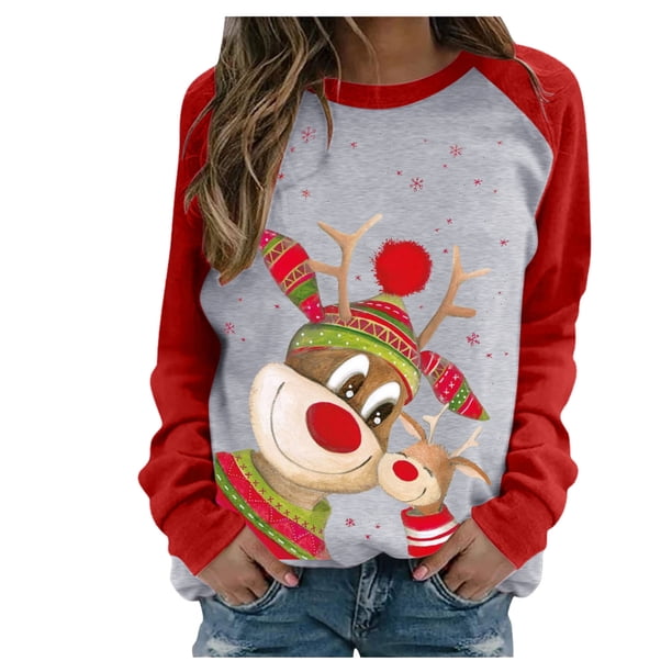 Camisas Navideñas Para Mujer Blusa de Manga Larga Con Estampado Casual Raglan Odeerbi ODB209661