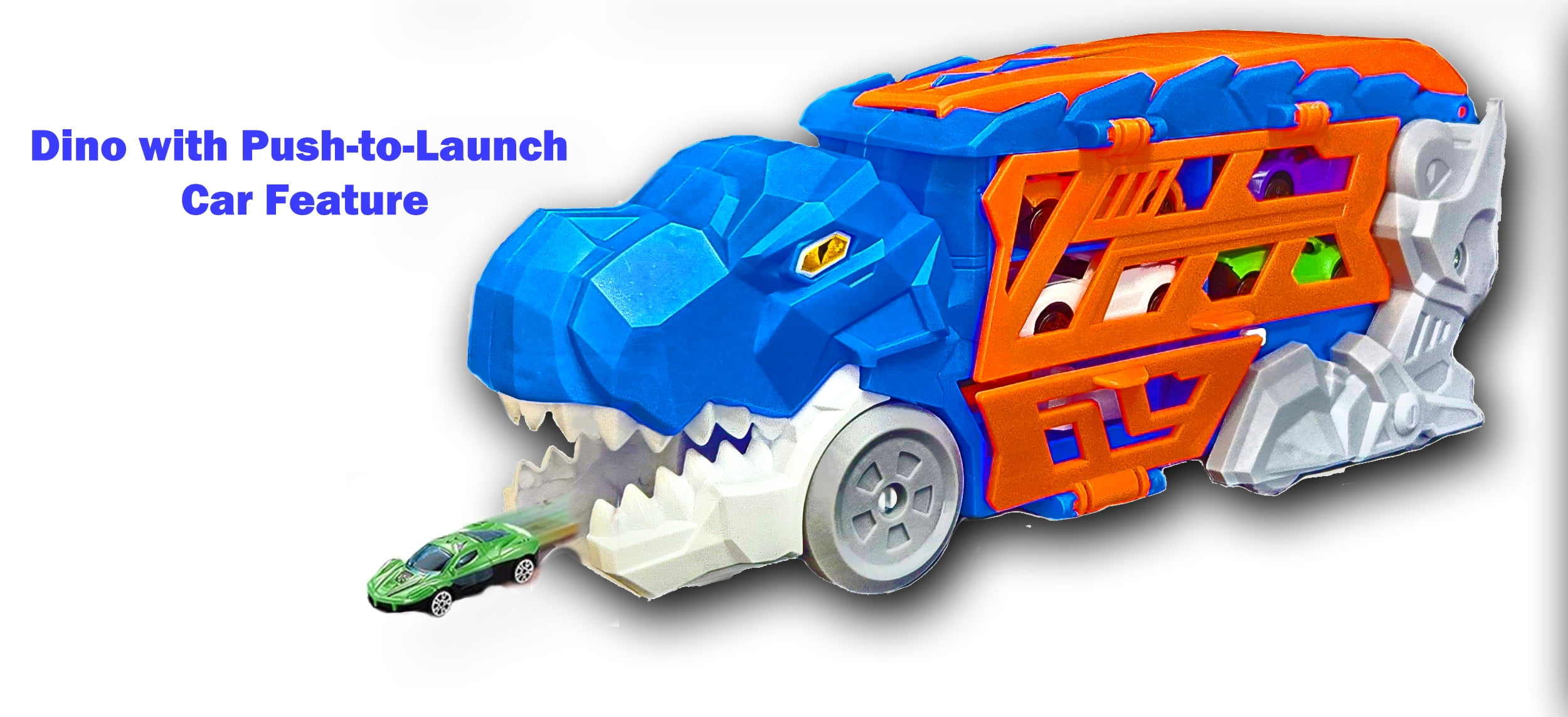 Dinosaur Transporter Truck Toy Combo – Set of 2 (Blue & Green) with 8 Die-Cast Cars – Dino Launcher & Slide-Out Track – Race Playset for Kids Ages 3+