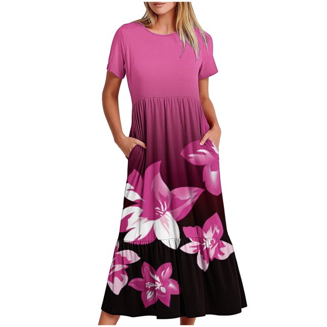Fankiway Robe Longue Ample à Manches Courtes avec Poche et Col Rond Imprimé pour Femmes Rondes Robes de Printemps pour Femmes 5836