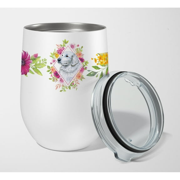Carolines Treasures CK4160TBL12 Great Pyrenees Pink Flowers Stainless Steel 12 oz Stemless Wine Glass 12 oz multicolor