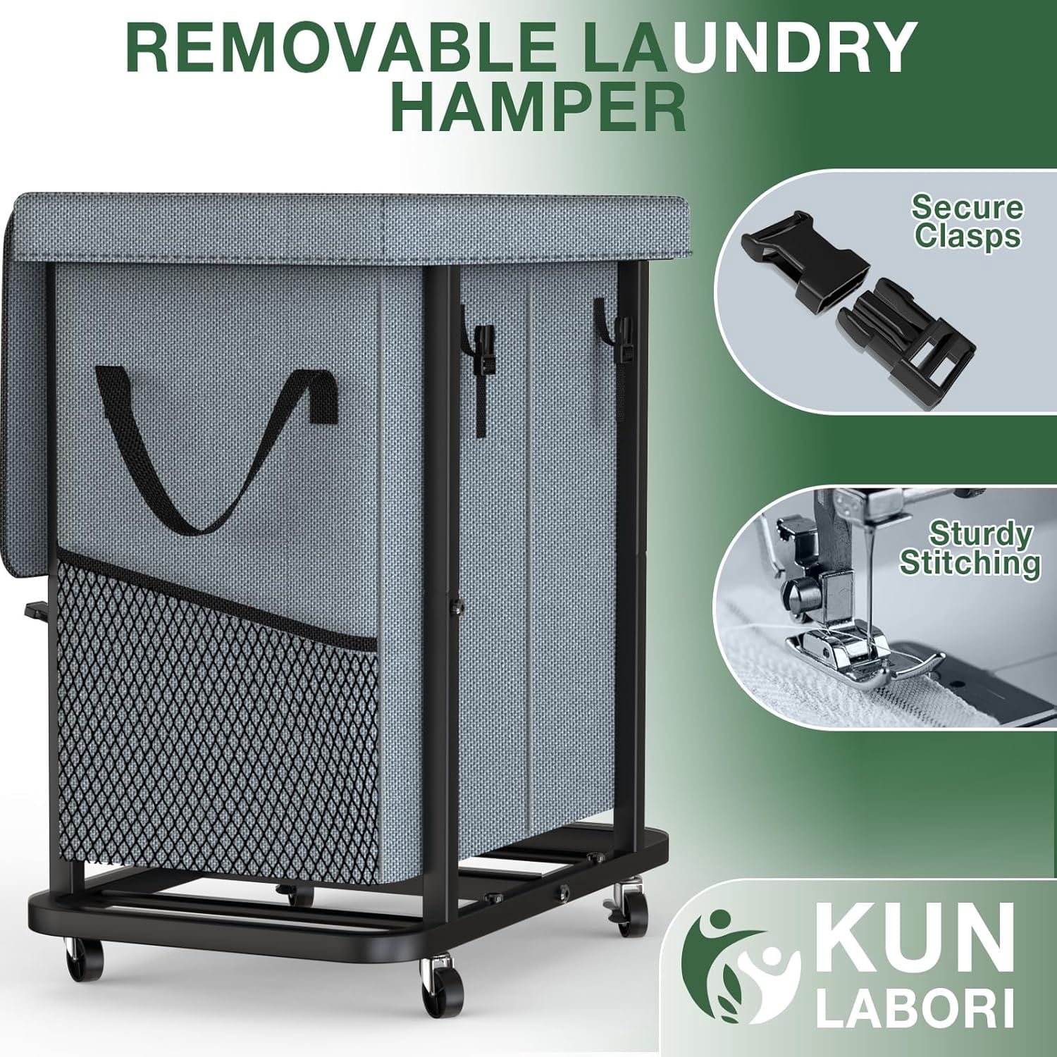 50 Gal(190L) High Grade Large Laundry Basket with Wheels, Rolling Laundry Hamper, Laundry Cart with Metal Frame and Removable Bag Design, Suitable for Laundry Room, Bedroom (Grey, 2 Section 190L)