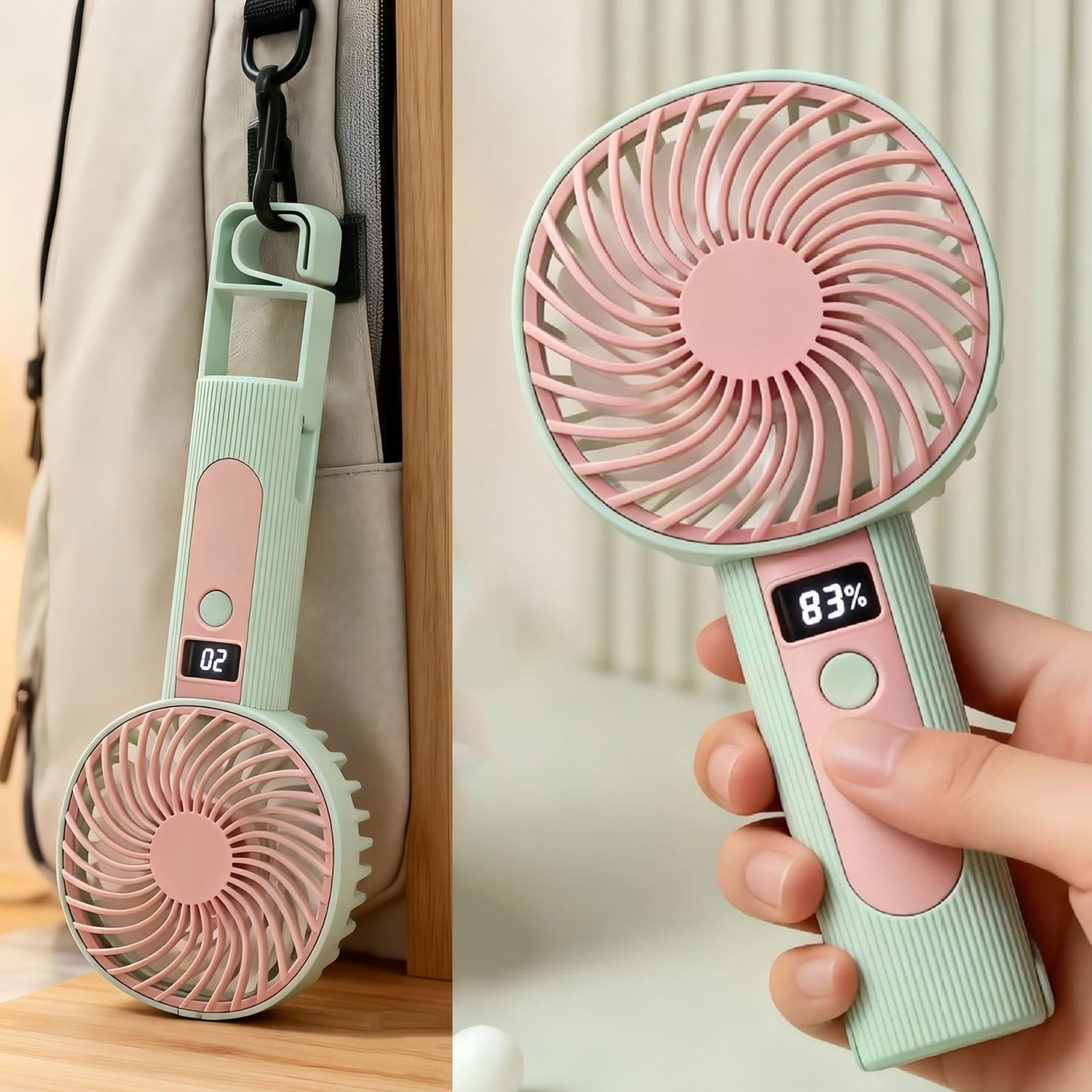 BSJJY Light Green Handheld Fan, Outdoor Convenient, Desktop, USB Charging, 3 Speeds, Portable for Home