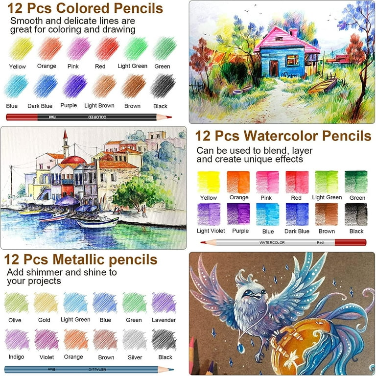 Drawing Pencils Art Set 55 Watercolor Pencils and Sketching Art Supplies  55pc for Kids, Teens, Adults Drawing Tutorials 