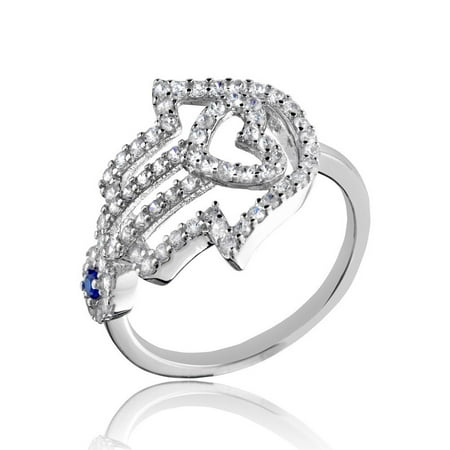 Sterling Silver Hamsa Ring - Cubic Zirconia Heart Hamsa With Evil Eye Ring Rhodium Plated Sterling Silver Size 5