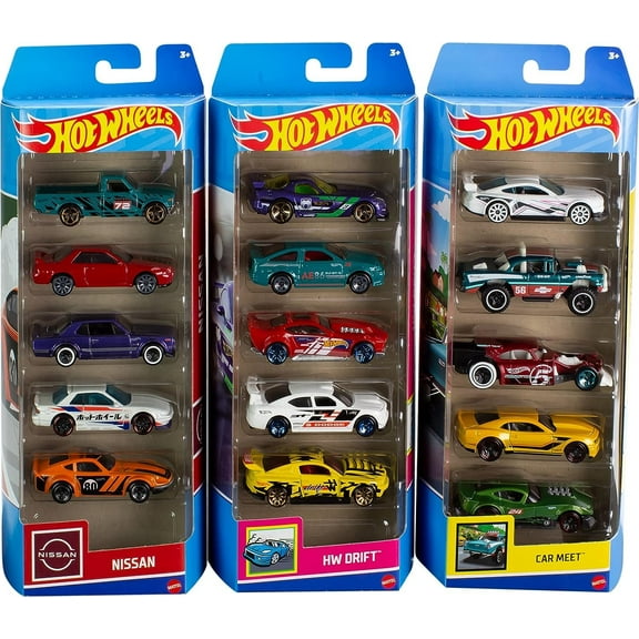 Hot Wheels Set of 15 Toy Cars or Trucks, 3 Themed 5-Packs of 1:64 Scale Die-Cast Vehicles Styles May Vary