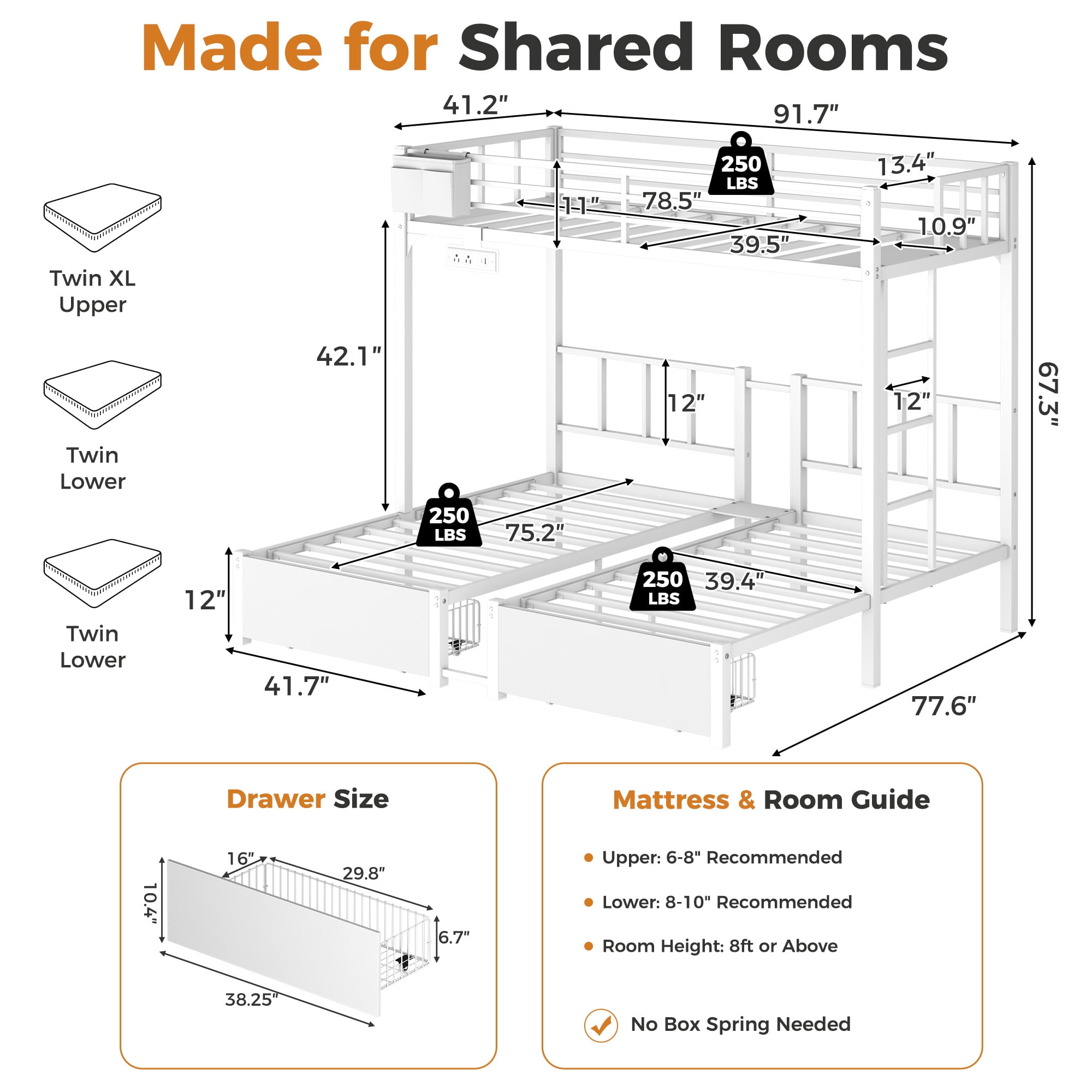 Miniyam Triple Bunk Bed with 2 Storage Drawers, Twin Over Twin Over Twin XL, LED Light and Power Strip, White