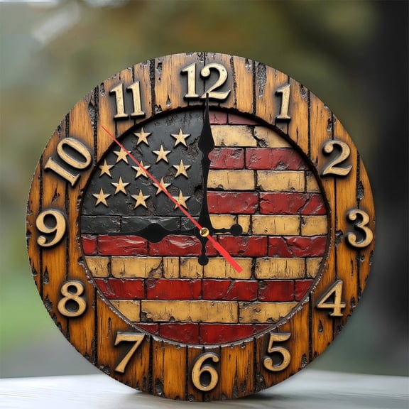Vintage American Flag Wall Clock, Rustic Home Decor 10-Inch Silent Wooden Wall Clock, Battery Operated (AA Batteries Not Included), Artistic Home Decor