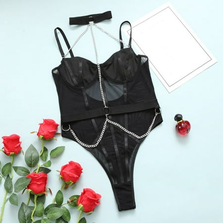

Vedolay Lingerie For Women Naughty Play Women Floral Lace Sheer Mesh Garter Lingerie Set V Neck Bra Role Playing Lingerie for Women Fall Underwears Black S