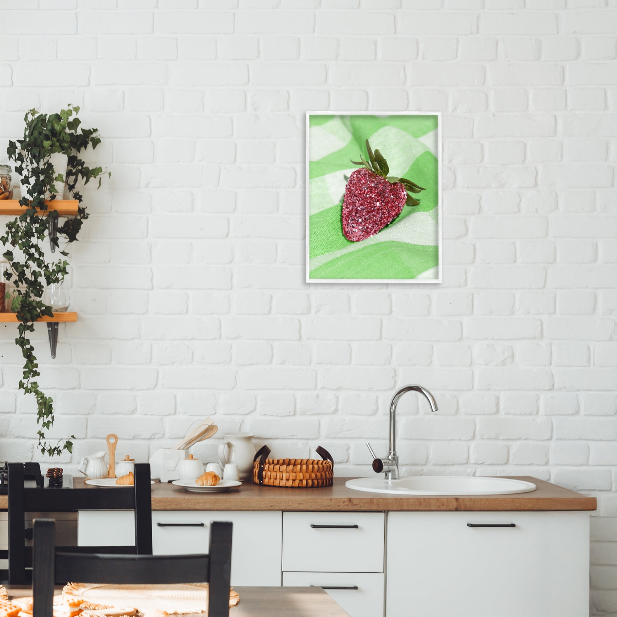 Stupell Industries Glimmer Strawberry on Green White Framed Giclee Art, design by LISH Creative