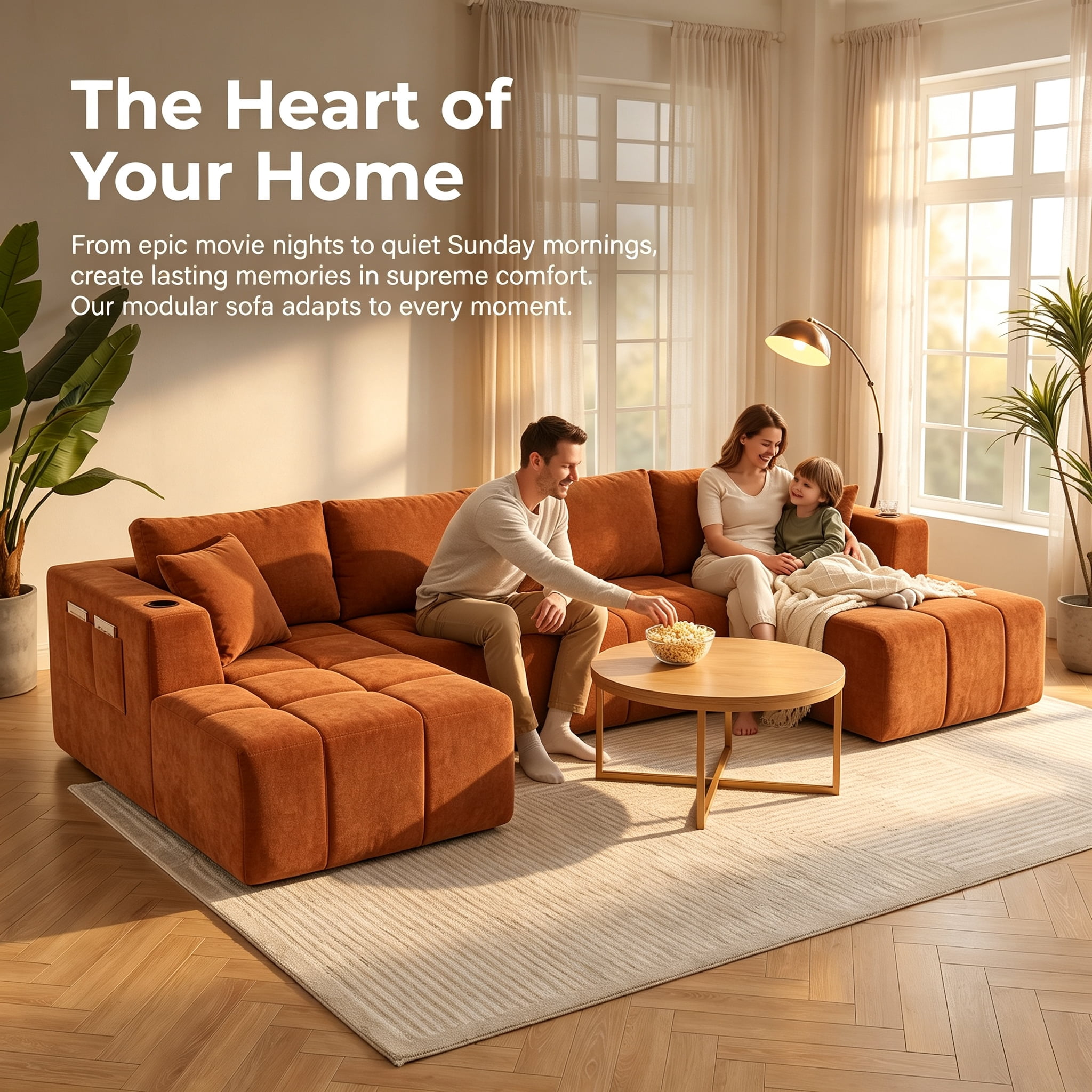ShiKeyi 132.5" Modern U-Shaped Modular Sectional Sofa with Double Chaise, Premium Chenille Fabric Cloud Couch Set with Cup Holders & Storage Pockets for Living Room, Orange