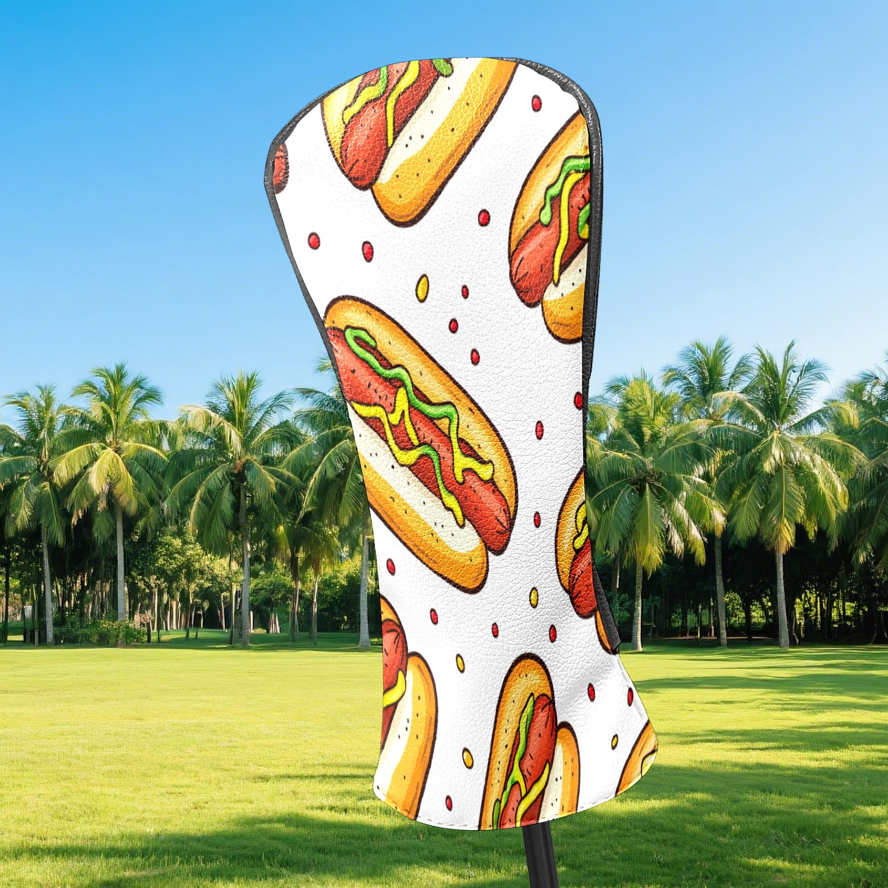 Golf Club Covers PU Leather Waterproof Head Covers for Fairway Woods Hybrids Hot Dog Pattern
