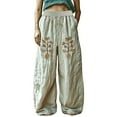 thumbnail image 2 of Bovemsi Women's Bubble Texture Linen-Like Ethnic Print Casual Pants – Retro Floral Wide Leg Trousers for Summer, White, S, 2 of 4