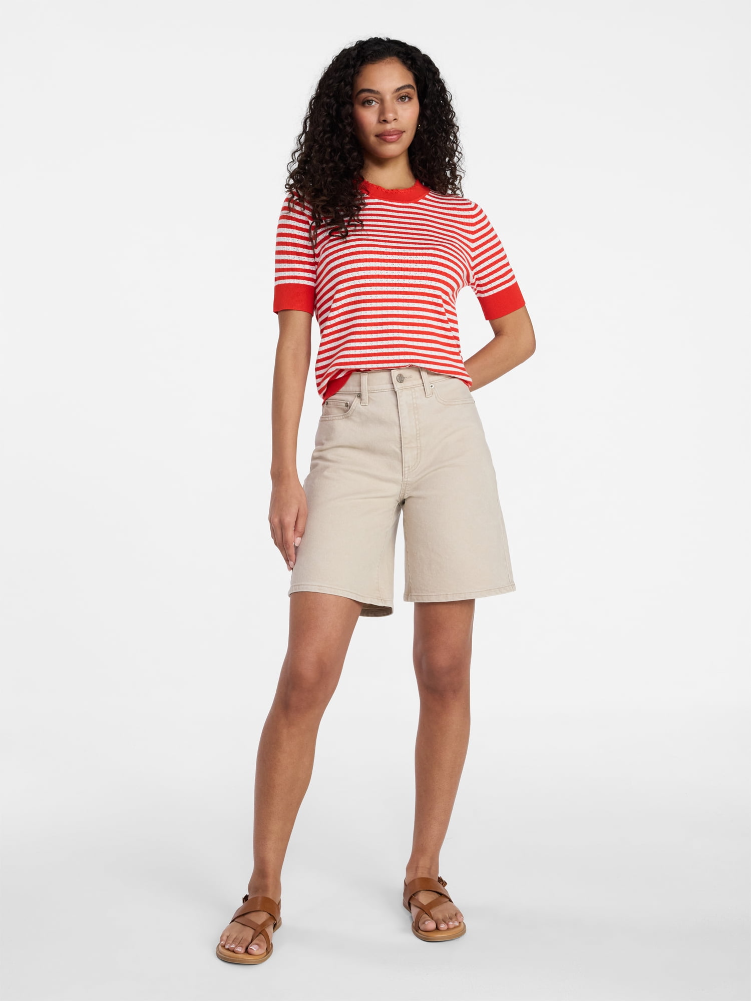 Time and Tru Women's Striped Pointelle Sweater with Short Sleeves, Lightweight, Sizes XS – XXXL