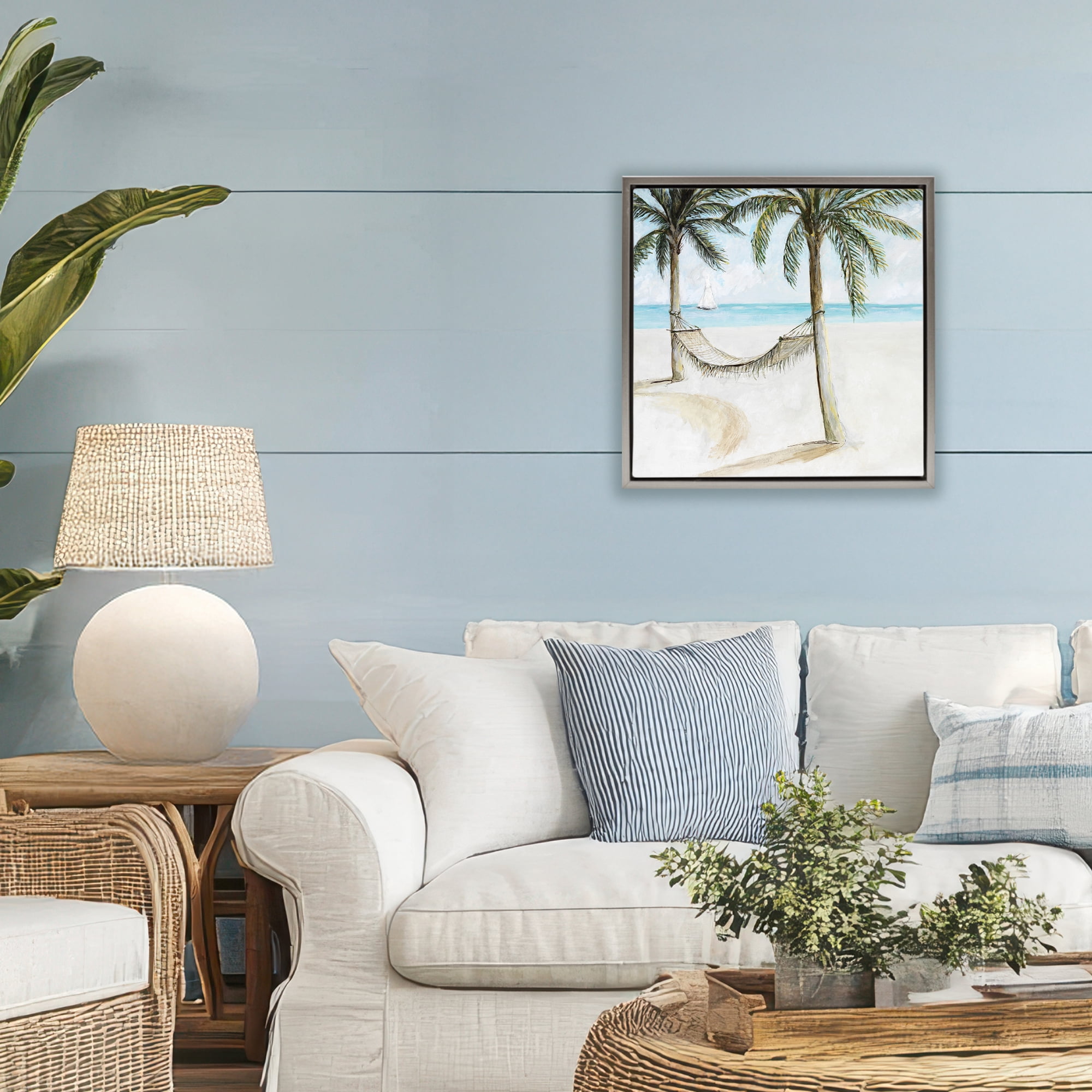 Stupell Industries Beach Hammock Coastal Scene Gray Framed Floater Canvas Wall Art, design by Lorenzo Collective