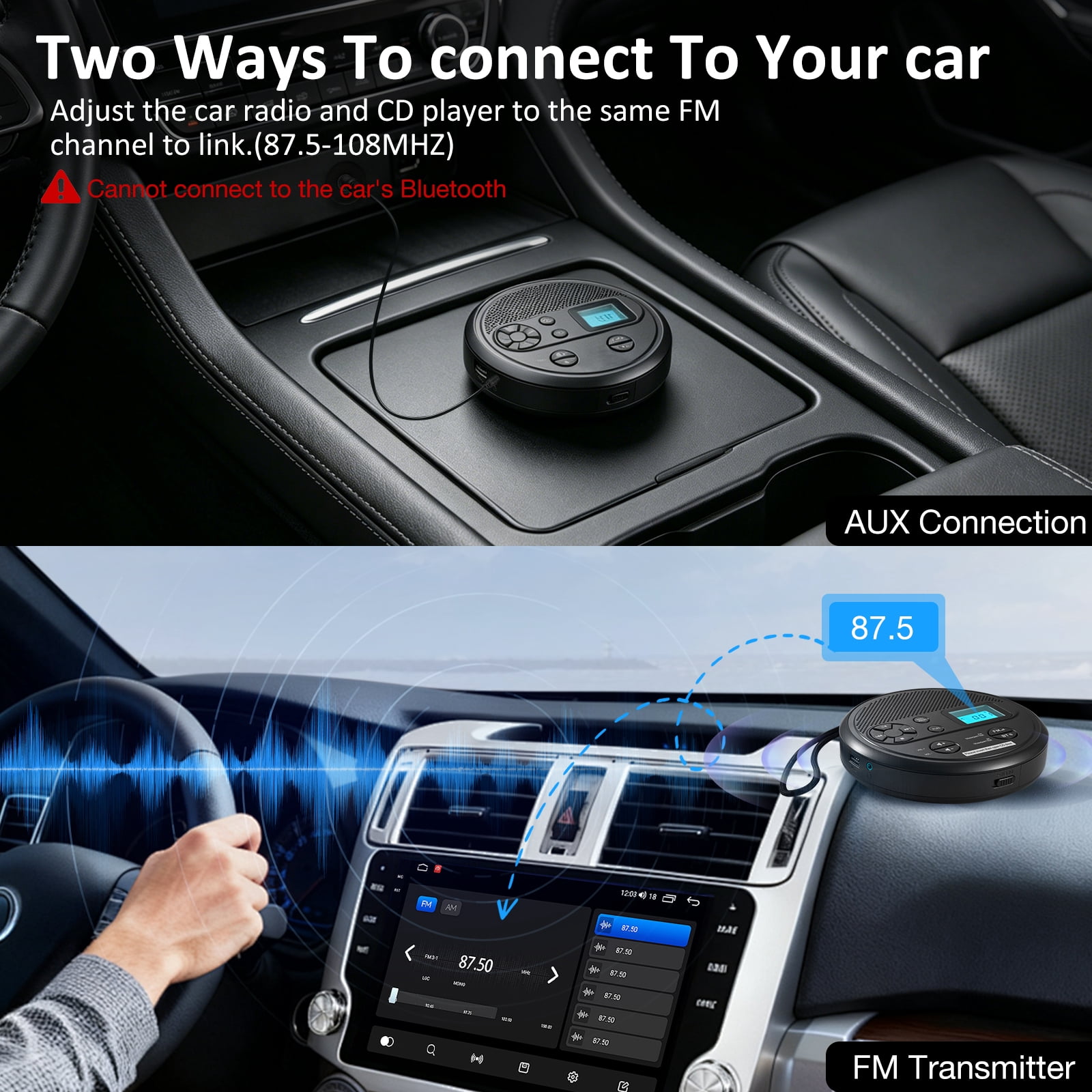 CD player Portable with Bluetooth,Rechargeable Walkman CD Player with FM Transmitter, Discman CD Player for Car.
