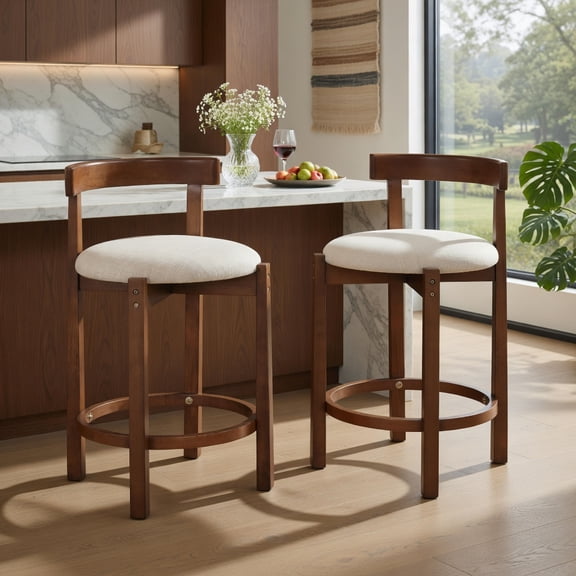 GVN 24 Inch Counter Height Bar Stools Set of 2 Modern Upholstered Chair with Backrests Footrests for Kitchen Island Dining Room Home Bar, Beige