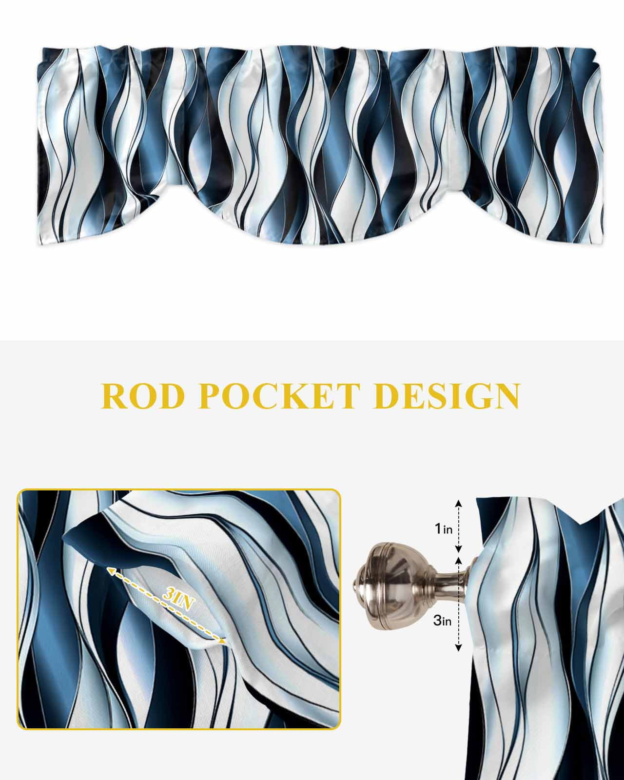 Steel Blue Gradient Line Tie Up Valances Curtain, Adjustable Kitchen Abstract Twist Valances for Windows Decor, Rod Pocket Short Curtains Set for Bedroom/Bathroom, 60"x18"
