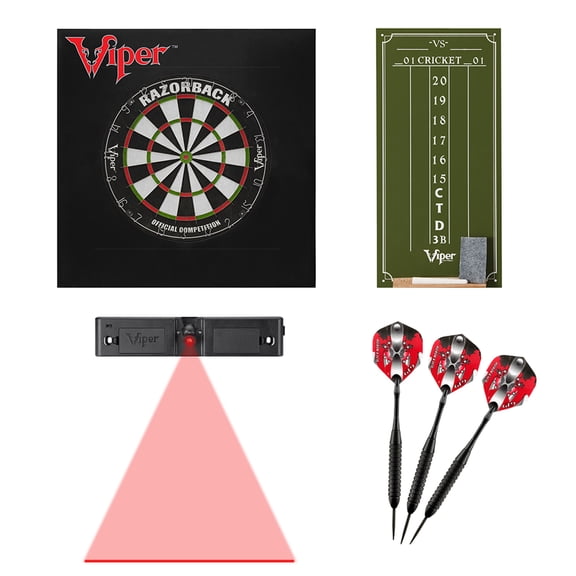 Viper Razorback Sisal/Bristle Dartboard with 22 Gram Steel Tip Darts, Laser Dart Throwline, Square Wall Defender & Small Chalk Scoreboard