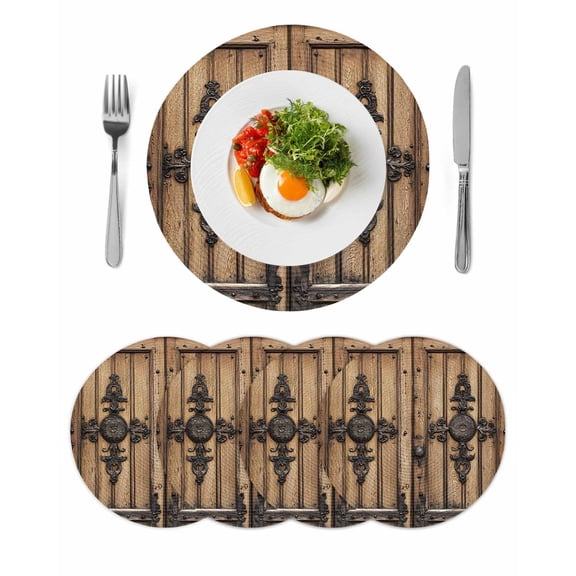 Farmhouse Brown Round 13 Inch Placemats Set of 4, Rustic Wooden Historical Barn Door Plank HeatResistant Non Slip Place Mats for Dining Table, Wipeable Braided Kitchen Table Mats for Housewarming