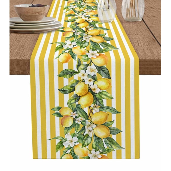 Yellow Lemon Stripes Table Runner 72 Inches, Summer Spring Fruit Flowers Leaves Bed Runner Dresser Scarves Tabletop for Indoor Outdoor Parties/Ceremony/Banquet, 16" x 72"