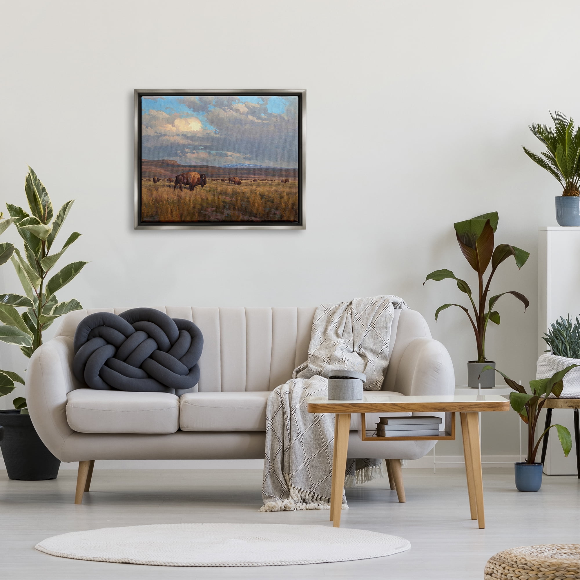 Stupell Industries Buffalo Cloudy Landscape Landscape Painting Gray Floater Framed Canvas Art Print Wall Art, 31 x 25