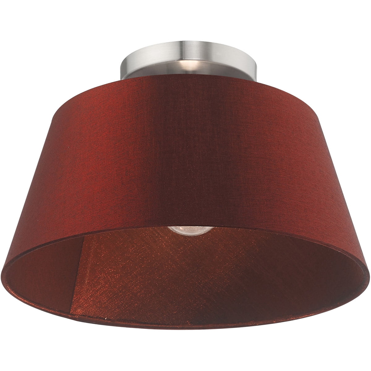 1 Light Brushed Nickel Ceiling Light fixture with Hand Crafted Red Wine Fabric Hardback Shade